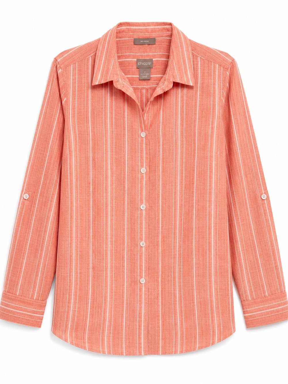 Chico’s No-Iron Linen Double Stripe Roll Tab Button Down Shirt Size 2 / 12-14